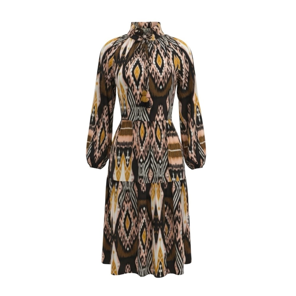 Figue Maxi Midi Tier Dress Side Print Ruffle Size XL Pink Gold Tassels Boho